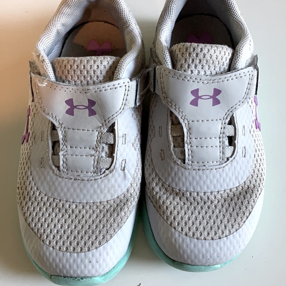 Under Armour kids running shoes - toddler 10, grey and purple. Velcro slip-on.